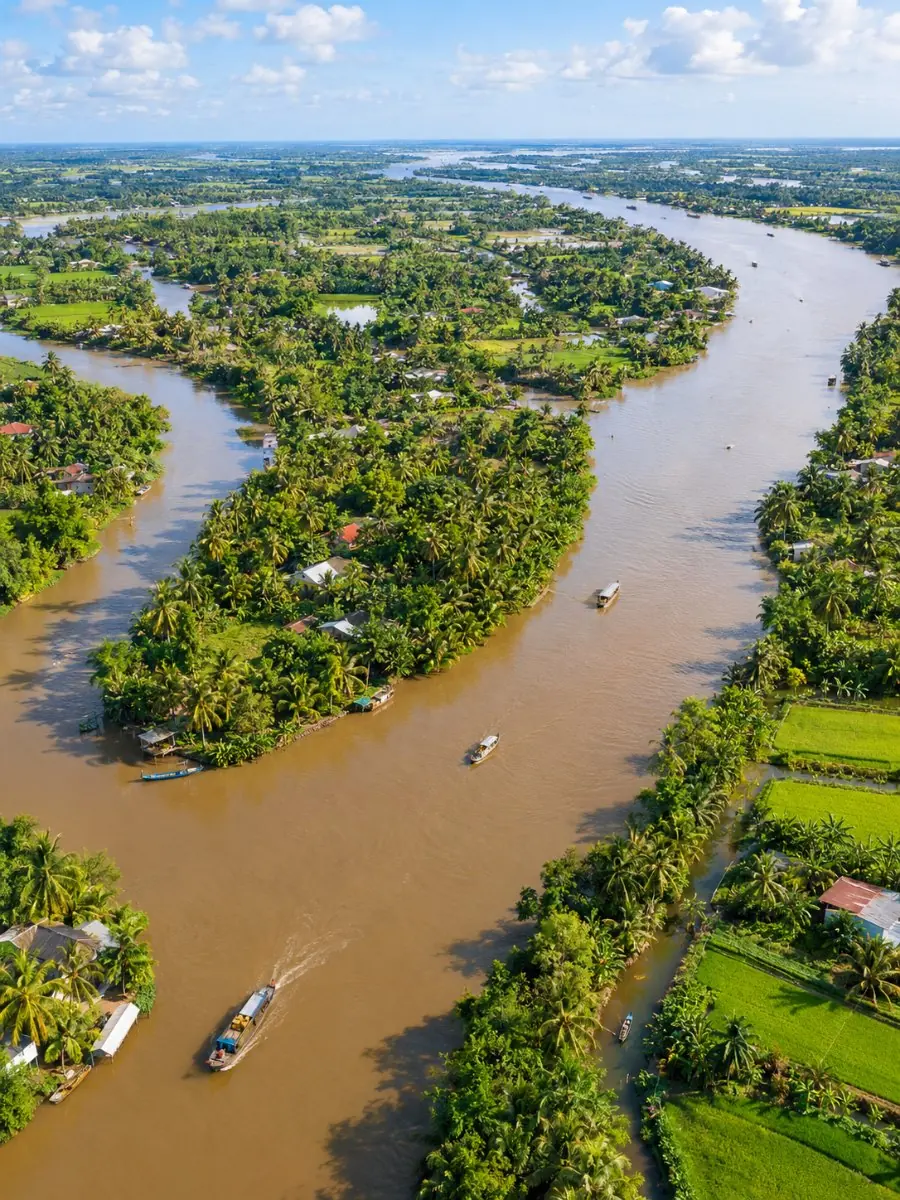 Aerial view of a wide brown river splitting around green islands, canals and rice fields in the Mekong Delta